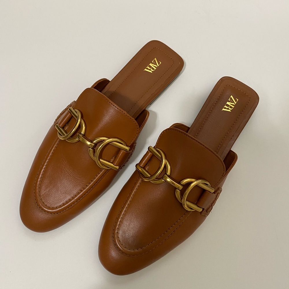 Zara Tan Leather Mules with Gold Chain Detail